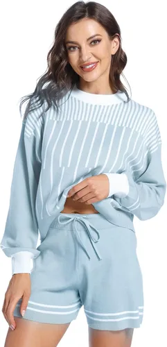 Vista 3 de PEHMEA Conjunto de 2 piezas de suéter de punto para mujer, cuello redondo, sin botones y pantalones cortos con cordón
