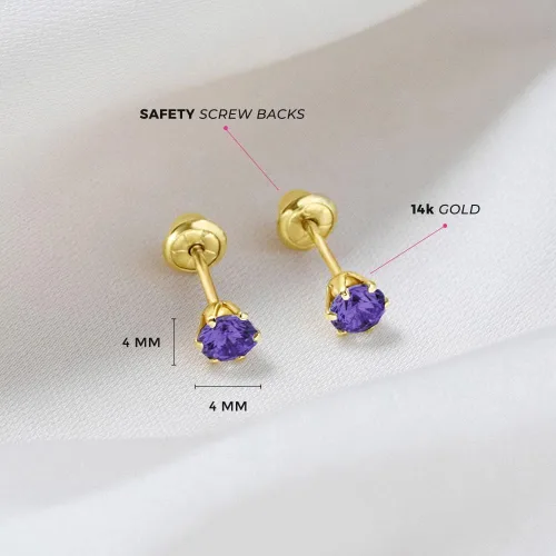 Vista 4 de Aretes de tuerca redondos de oro amarillo de 14 quilates de 0.157in con piedra natal simulada para niñas, aretes pequeños para niños con bloqueo
