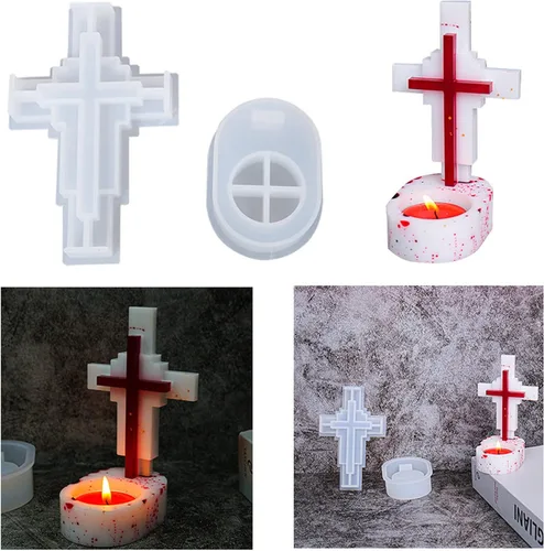 Vista 3 de Molde de vela de cruz de Jesús con base, molde de resina de silicona para manualidades de bricolaje