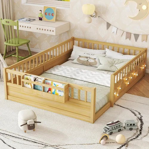 Vista 15 de Cama Montessori de tamaño matrimonial con estantería, luces, listones y Luces grises