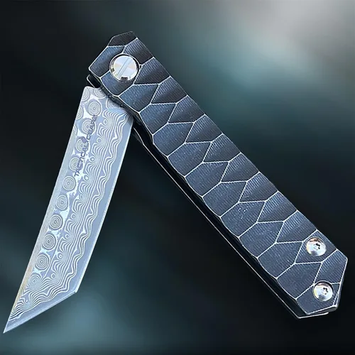 Vista 6 de Cuchillo plegable de bolsillo de Damasco, mango de titanio sólido Tc4, hoja Tanto de acero Damasco VG10 multicapa de 67 capas (Saint DXT)