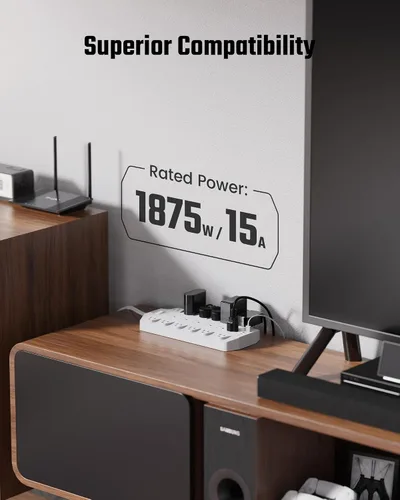 Vista 8 de SUPERDANNY - Protector de sobretensiones con 18 salidas de CA y 4 puertos de carga USB, blanco y negro, 15A/1875W, 2100J, cable de 6.5 pies, cable