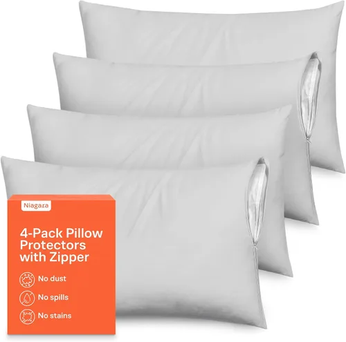 Vista 23 de Juego de 4 fundas de almohada ultrasuaves con cremallera tamaño Queen, 100% protección contra manchas, polvo y suciedad, lavables a máquina (beige)