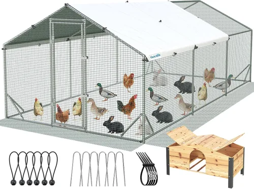 Vista 11 de Quictent - Gallinero de metal grande para más de 30 aves de corral con paño plateado