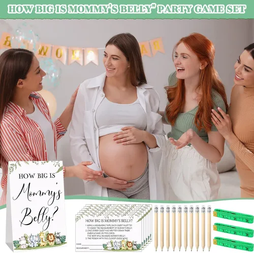 Vista 7 de Sabary 64 Piezas Juegos de Baby Shower Incluyen Letrero How Big is Mommy's Belly Sign Measure Bump Game 50 Tarjetas 10 Lápices 3 Cintas Métricas