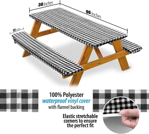 Vista 2 de Funda de mesa de picnic con fundas de banco de 8 pies para cualquier mesa de picnic de 96 x 30 pulgadas, juego de 3 piezas para mesa rectangular