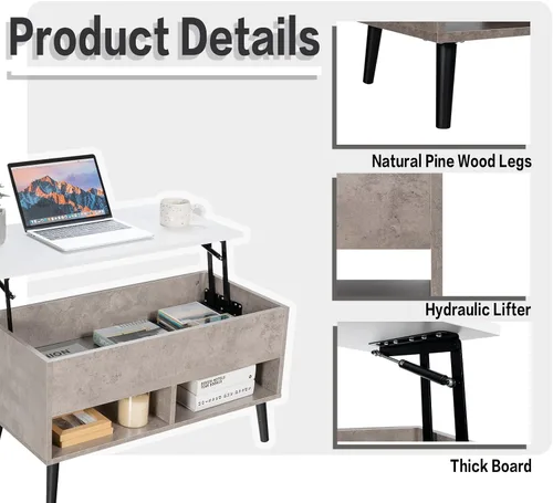 Vista 8 de Tangkula Mesa de centro elevable, mesa de comedor de madera con almacenamiento oculto y 2 estantes abiertos, dispositivo de elevación hidráulica
