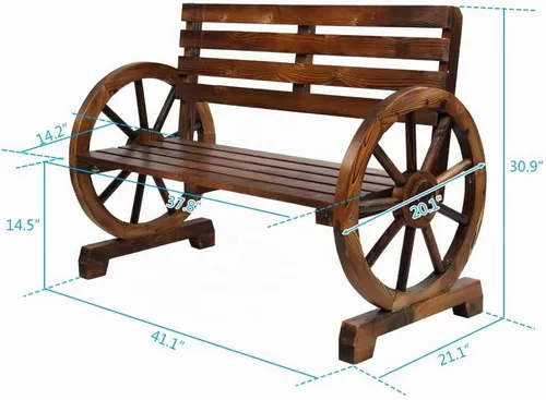 Vista 3 de Banco de ruedas de madera para 2 personas, asiento de madera rústico con asiento y respaldo de listones, color marrón