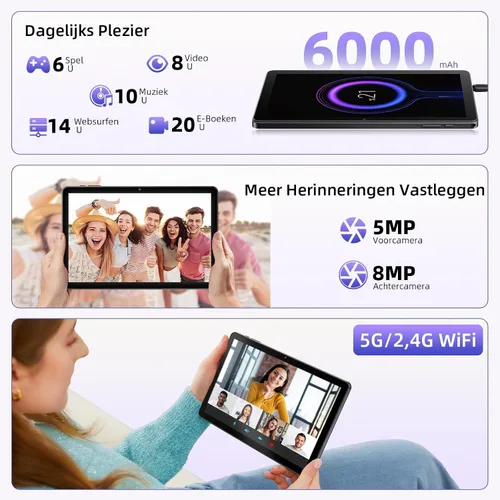 Vista 5 de Tablet de 10 pulgadas, tabletas Android 15 con funda, 18 GB de RAM + 128 GB de ROM (expandir a 1 TB), Octa-Core, pantalla táctil IPS HD de 1280 x