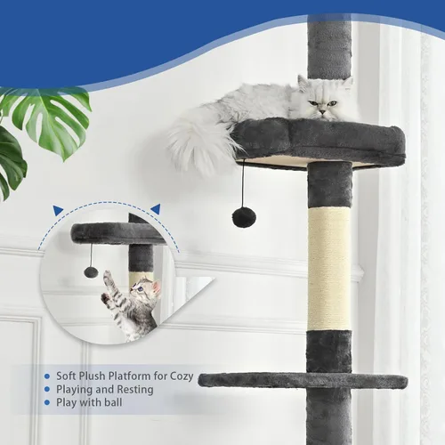 Vista 5 de Cat Craft Árbol para gatos de piso a techo, torre para gatos de 5 niveles de altura con altura ajustable (98-110), árbol para gatos de techo delgado