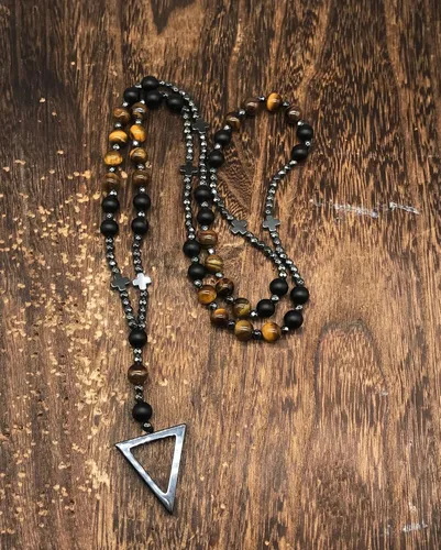 Vista 5 de Collar con colgante de cruz de ojo de tigre y hematita para hombres y mujeres, colgante de cruz de rosario de Cristo católico EM4H4 (07)