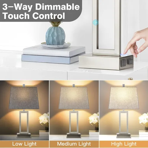 Vista 3 de Lolikit Lámparas de mesa con control táctil de 23.5 pulgadas, lámpara de noche de metal para dormitorio, juego de 2 con puertos USB A+C y salida