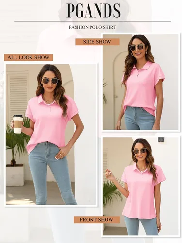 Vista 4 de PGANDS Camisa polo de manga corta para mujer, cuello de verano, con botones, casual, cuello en V, ajuste holgado