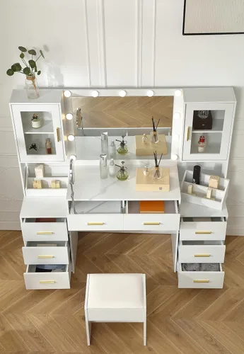 Vista 8 de FOREST GRAVITY Tocador grande de 58.3 pulgadas con espejo plegable y luces, escritorio de maquillaje con espejo y luces, tomacorriente, silla y dos