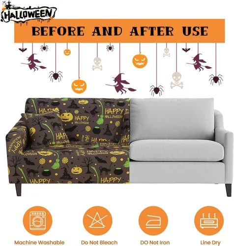 Vista 4 de Mybedsoul Funda para sofá con estampado de Halloween, funda elástica para sillón, funda para sofá de 1 pieza, lavable, protector de muebles