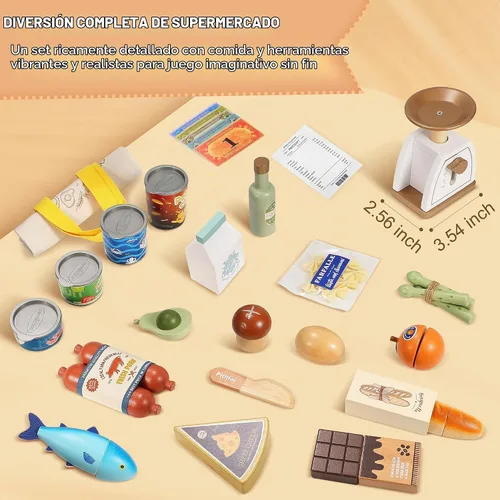 Vista 3 de Pithfor Juego de alimentos de madera para niños pequeños, tienda de comestibles, comida de simulación, compras y juegos, accesorios de cocina