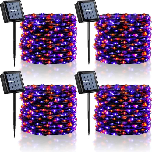 Vista 11 de YEGUO Paquete de 4 luces solares de Halloween de 33 pies, 100 luces LED moradas de Navidad impermeables para exteriores, 8 modos de luces solares