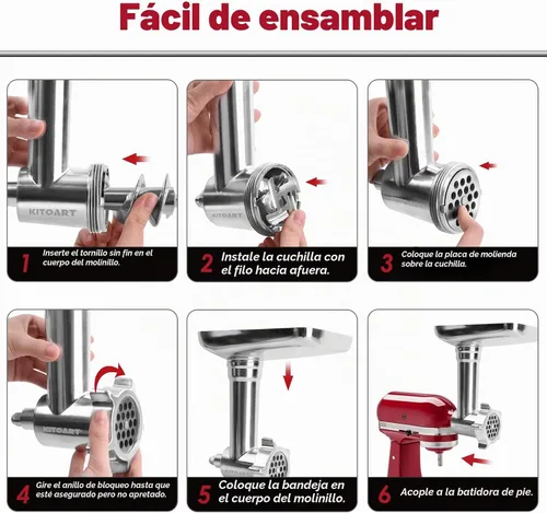 Vista 4 de KITOART - Molinillo de carne de metal para batidora de pie KitchenAid Aluminium Grinder Body, Stainless Plates and Blades, Sausage Stuffer Kit