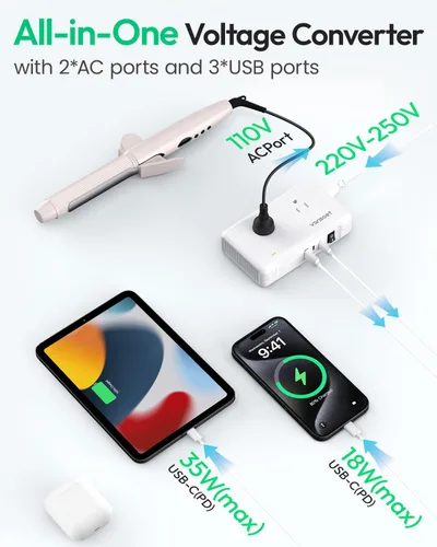 Vista 5 de Convertidor de voltaje de 220 V a 110 V de EE. UU. a Europa para alisadores de cabello y rizador, adaptador de viaje universal con 1 USB A y 2
