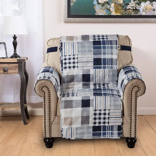 Vista 5 de Brilliant Sunshine Blue Plaids & Stripes - Funda para sillón de sofá, asiento de 23 pulgadas Patchwork Design, Non Slip Sofa Cover, Quilted