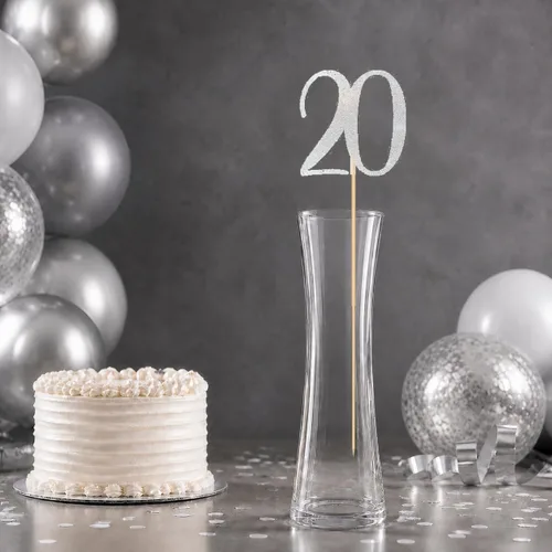 Vista 8 de Palitos de centro de mesa de cumpleaños número 20 con purpurina plateada, paquete de 12 decoraciones de fiesta de aniversario número 20