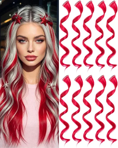 Vista 13 de 10 extensiones de cabello sintético rizado y ondulado negro con clip, reflejos de fiesta de neón arcoíris, accesorios de cabello coloridos