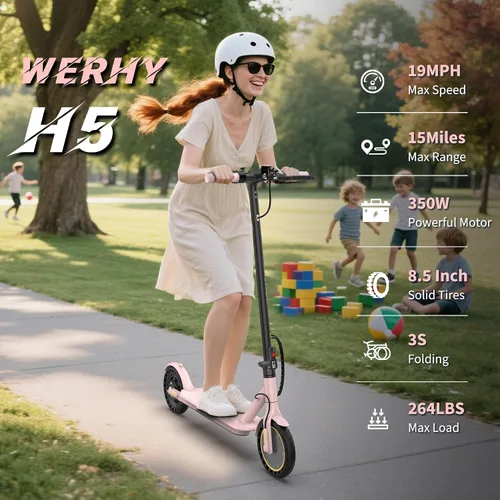 Vista 3 de WERHY Scooter eléctrico, motor de 500 W/350 W, neumáticos sólidos de 8.5 Rosa