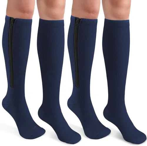 Vista 12 de CASMON 2 pares de calcetines de compresión con cremallera para mujeres y hombres, punta cerrada de 15 a 20 mmHg, calcetines de apoyo alto hasta