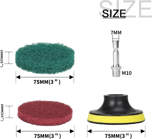 Vista 2 de Cepillo de taladro de 3 pulgadas, limpiador de azulejos y bañera resistente, kit de limpieza para el hogar, incluye accesorio de taladro, 5 rojas, 5