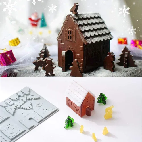 Vista 6 de Paquete de 2 moldes de silicona para hornear de Navidad, herramientas de decoración de decoración de cupcakes para casa de jengibre, molde