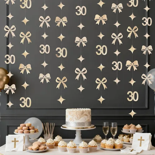 Vista 9 de Decoraciones de cumpleaños negras con lazo del 30 aniversario, guirnalda de lazos coquette con purpurina, pancarta serpentina para mujeres
