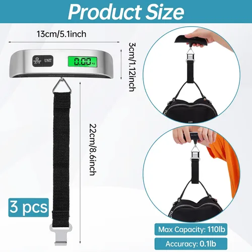 Vista 2 de Báscula digital para equipaje paquete de 3 básculas de peso de equipaje báscula digital de mano de 110 libras báscula de equipaje con pantalla LCD