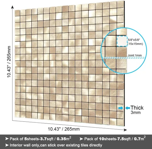 Vista 6 de BeNice - Juego de azulejos o loseta en muro para cocina, azulejos de pared que tienen adhesivo para pelar y pegan, azulejos cuadrados (5 hojas)