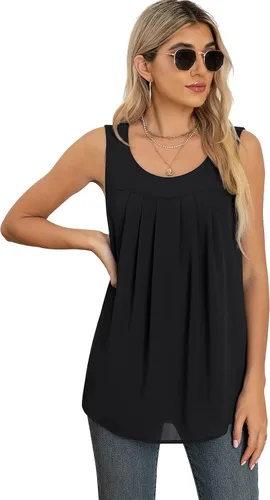Vista 3 de QUEZHU Blusas y tops de verano para mujer, blusas de gasa de doble capa, ajuste holgado, cuello redondo, túnica sin mangas