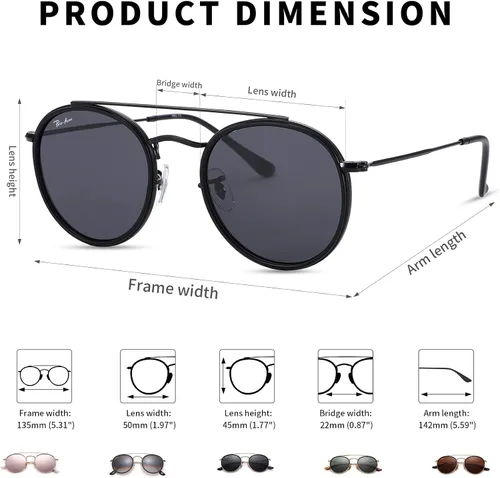 Vista 5 de Pro Acme Double Bridge Round Polarized Sunglasses for Women Men Retro UV400 Protection Retro Circle Sun Glasses