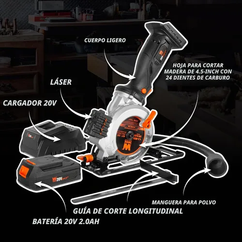 Vista 2 de WEN Mini sierra circular inalámbrica de 20 V máx. de 4-1/2 pulgadas con batería de 2.0 Ah y cargador (20604)