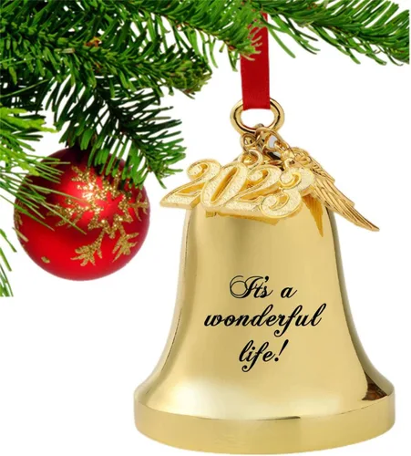 Vista 3 de JUPPE It's A Wonderful Life Adorno de campana de Navidad, adorno de campana dorada grabada con ala de ángel y dije 2025 (dorado)