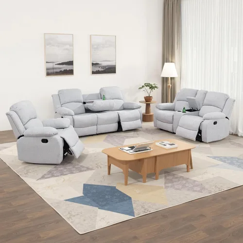 Vista 21 de Juego de sofá reclinable manual para sala de estar, juego de muebles de 3 piezas, sofá reclinable de tela Courduroy y dos sillas con mesa Azul