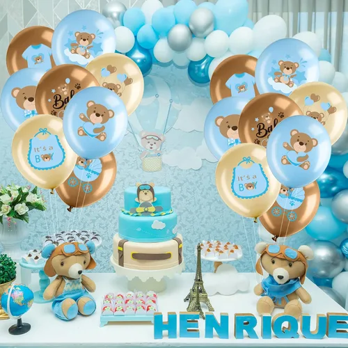 Vista 4 de 36 globos de oso para bebé, globos de látex de oso azul, marrón, globos de bebé, globos con la que podemos esperar para fiestas de cumpleaños