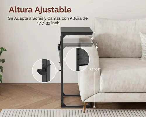 Vista 5 de Vagusicc - Mesa auxiliar en forma de C con estación de carga, mesa lateral de altura ajustable para sofá, mesa pequeña para sofá con laptop