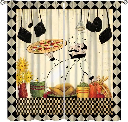 Vista 9 de Cortinas de chef para ventana, juego de 2 paneles para dormitorio y sala de estar, 42 x 45 pulgadas, a cuadros, cortinas temáticas de cocina