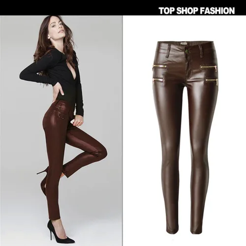 Vista 3 de Newbestyle - Pantalones de mezclilla de piel sintética con estilo para mujer