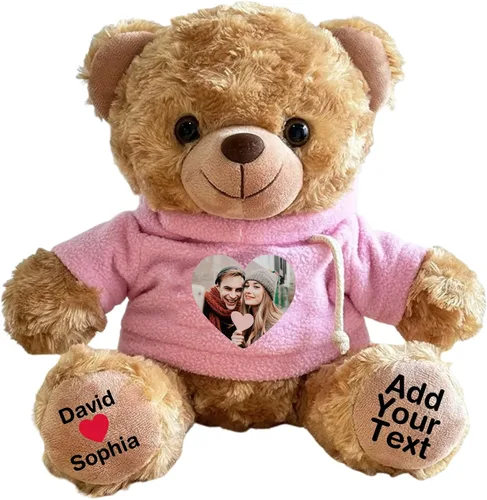 Vista 8 de Oso de peluche personalizado con fecha de texto de imagen, juguetes de peluche personalizados de 11 pulgadas, regalo para novia, novio, cumpleaños