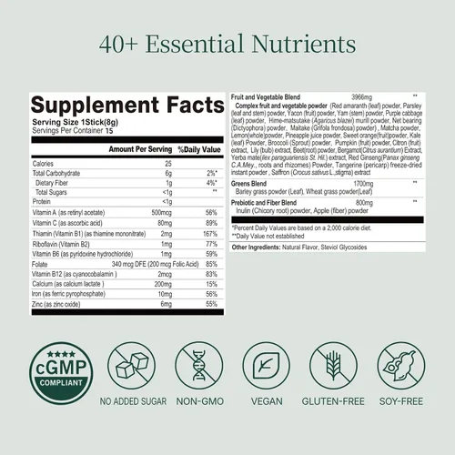 Vista 4 de Mezcla de bebida Superfood con más de 40 verduras y verduras, polvo natural sin sabor a base de plantas en paquetes fáciles de mezclar