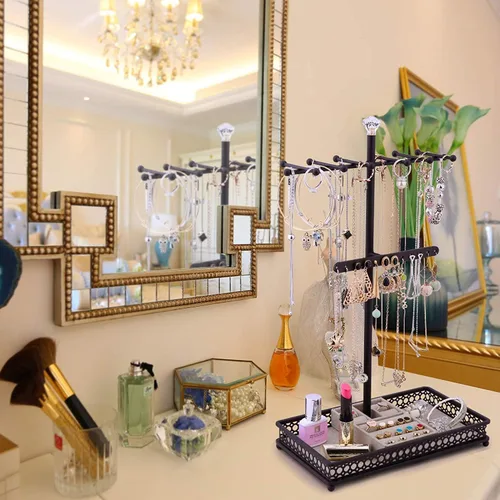 Vista 3 de Meangood Organizador de soporte para árbol de joyería, organizador de collares 3 en 1, exhibición de pulseras, aretes y bandeja para anillos