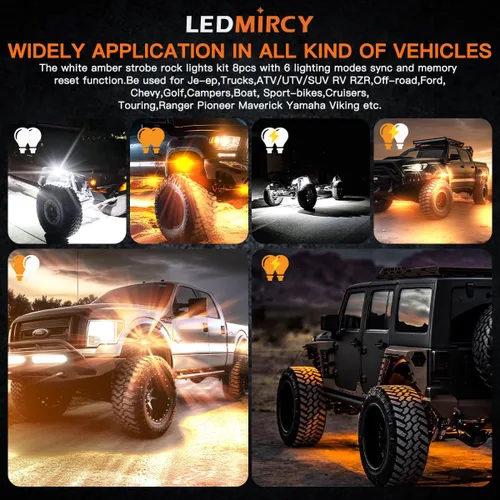Vista 7 de LEDMIRCY Switchback Kit de Luces LED para Rocas Blanco/Ámbar Estroboscópicas con Arnés de Cableado 8 Módulos 6 Modos Función de Reinicio Función