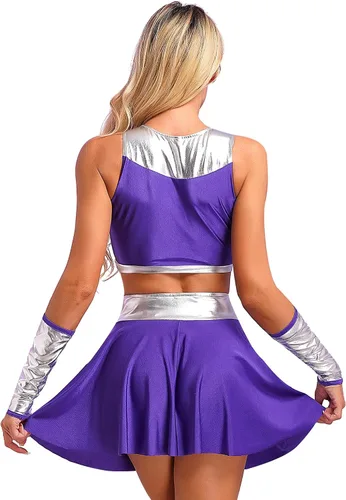 Vista 4 de LiiYii Disfraz de Halloween Starfire para mujer, 3 piezas, tops cortos con faldas y guantes