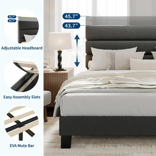 Vista 4 de GarveeHome Base de cama tamaño matrimonial con cabecera ajustable, tapizada de tela de lino y soporte de listones de madera, base de colchón