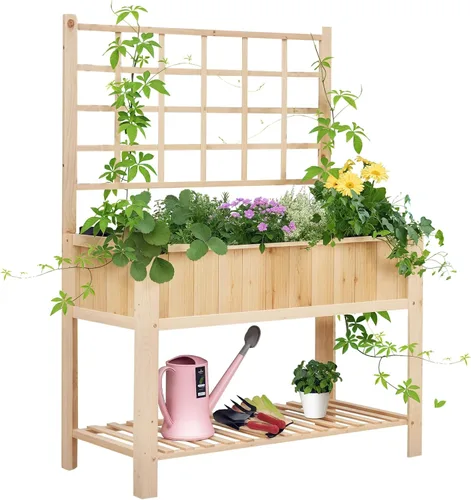 Vista 15 de Outsunny - Macetero de jardín elevado con enrejado arqueado para plantas trepadoras de enredadera, flores colgantes, macetero de madera