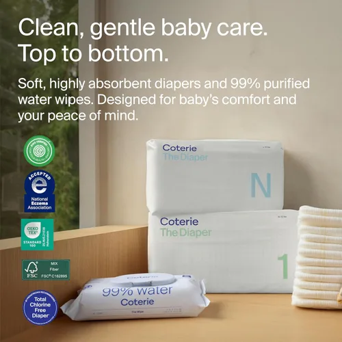 Vista 2 de Coterie Kit de toallitas y pañales para bebés, talla 1 (198 unidades) y pañales para recién nacidos (93 unidades), paquete de 4 (224) toallitas